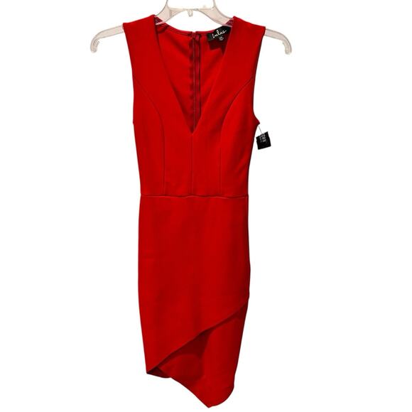 Lulus Red Deep V Neck Body Con Dress Uneven Faux Wrap Hem Sleeveless Full Zip XS - Picture 2 of 6